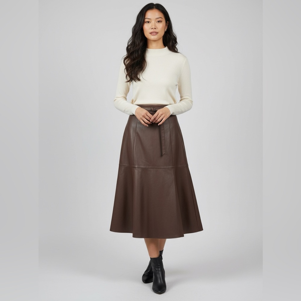 Elegant Brown Buttery soft Faux Leather A-Line Skirt New With Tags